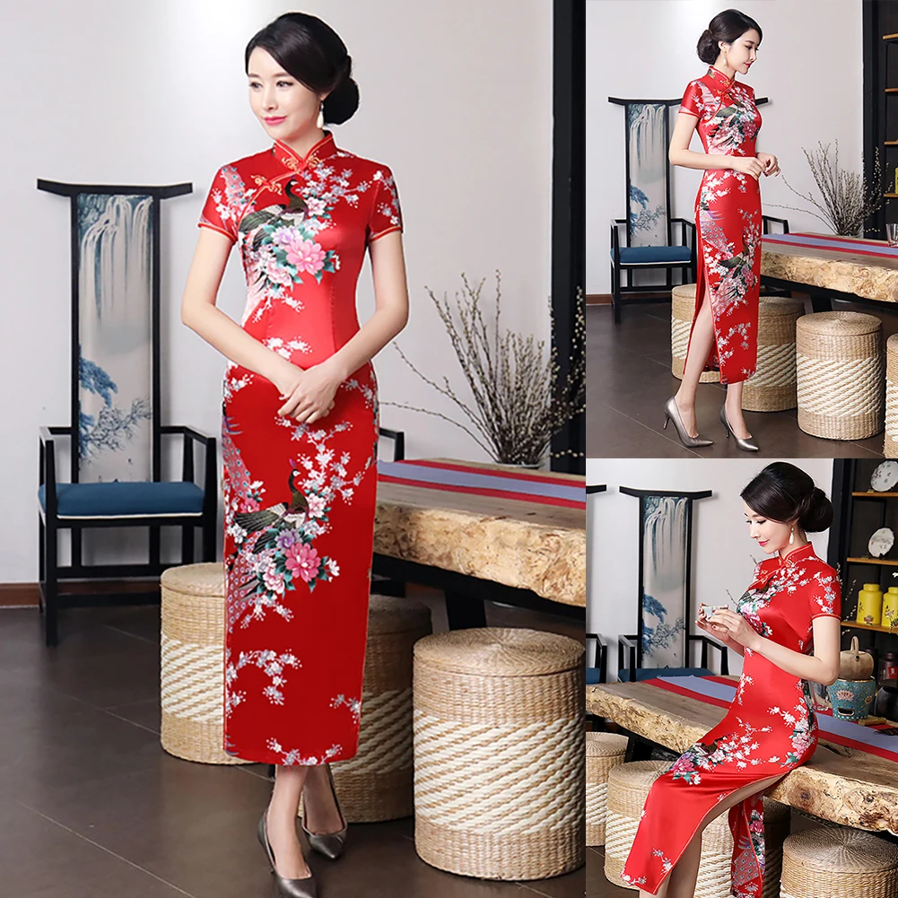 

Women Cheongsam Chinese Short Sleeve Peacock Slitting Hem Cheongsam Banquet Midi Dress Women's Clothing femme robe 2021