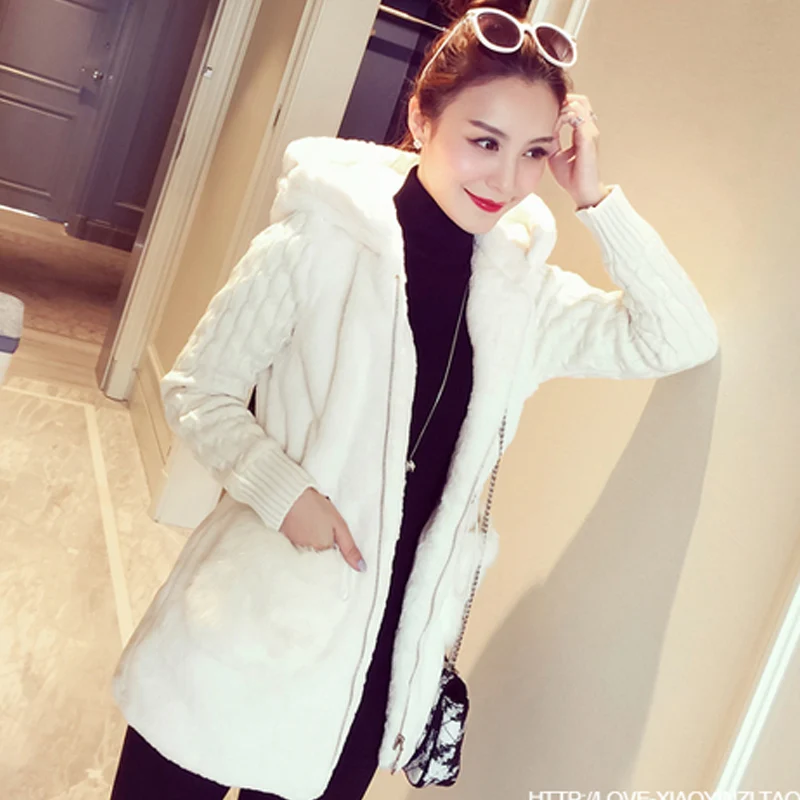 Hooded Tops Mink Faux Fur Knit Women's Sweater Coat Autumn 2019 Winter Knitted Patchwork Plus Thick Slim Female |