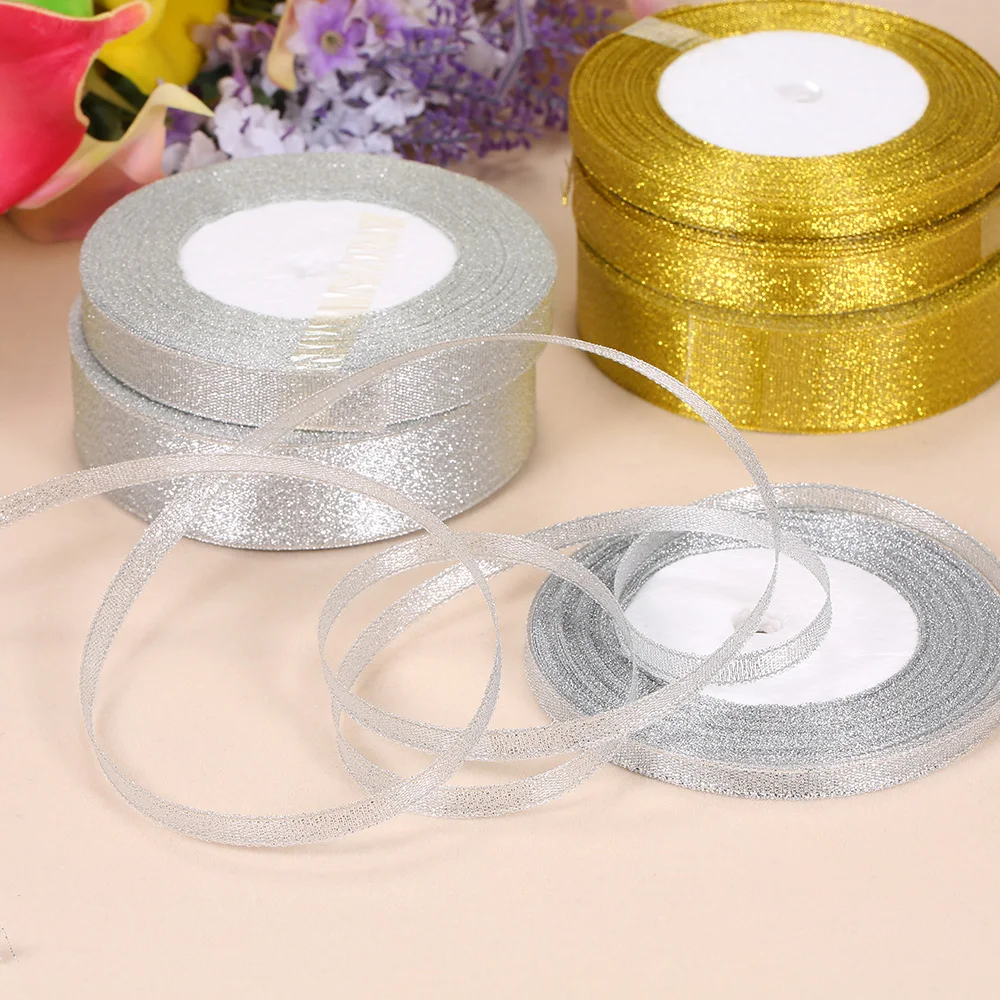 25 ярдов/рулон 6/12/25 мм цвета: золотистый серебристый блеск Grosgrain ленты DIY Свадебная
