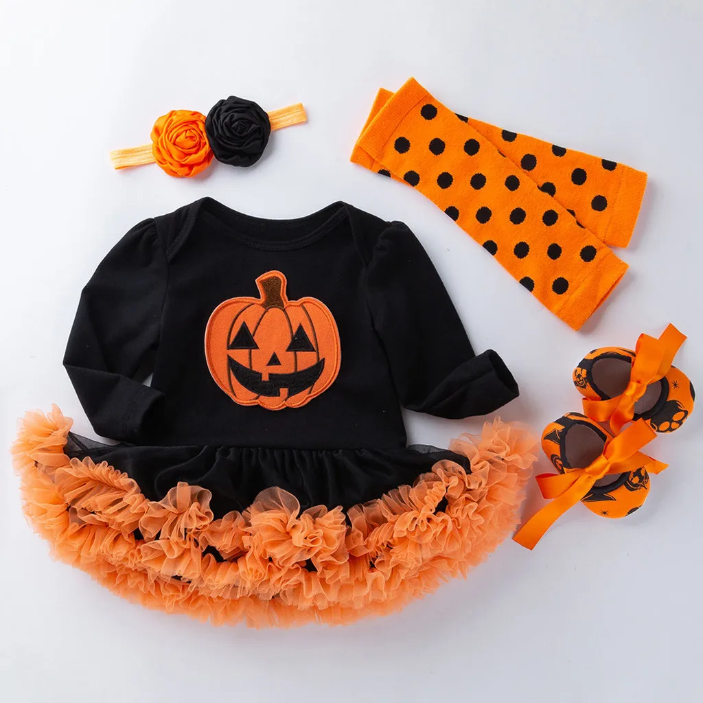 4 шт. Ромпер на Хэллоуин Боди мультфильм Тыква хлопок комбинезон платье + повязка