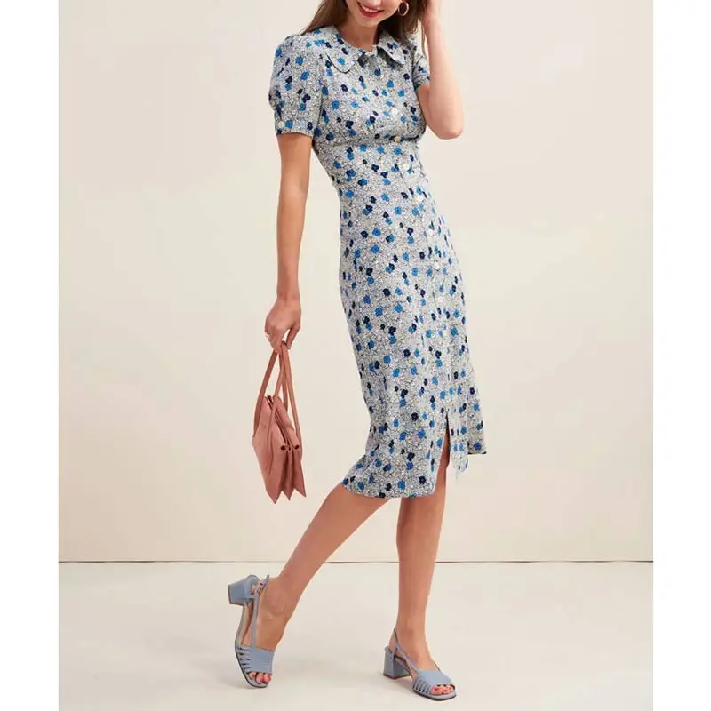 

Elegant Women Floral Print shirt office Dress Ladies Retro Summer Dresses Ladies Spring Vintage Bodycon Dress Vestidos
