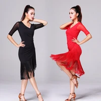 2022 new ladies latin dance dress women black stage costumes tassel salsa v neck rumbasamba salsa perform fitness dancewear