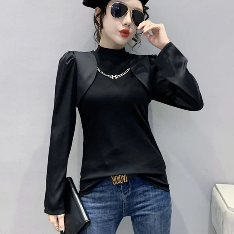 

Женская футболка из двух предметов, облегающий топ с рукавами-пузырями и цепочками, Весенняя футболка, 2022