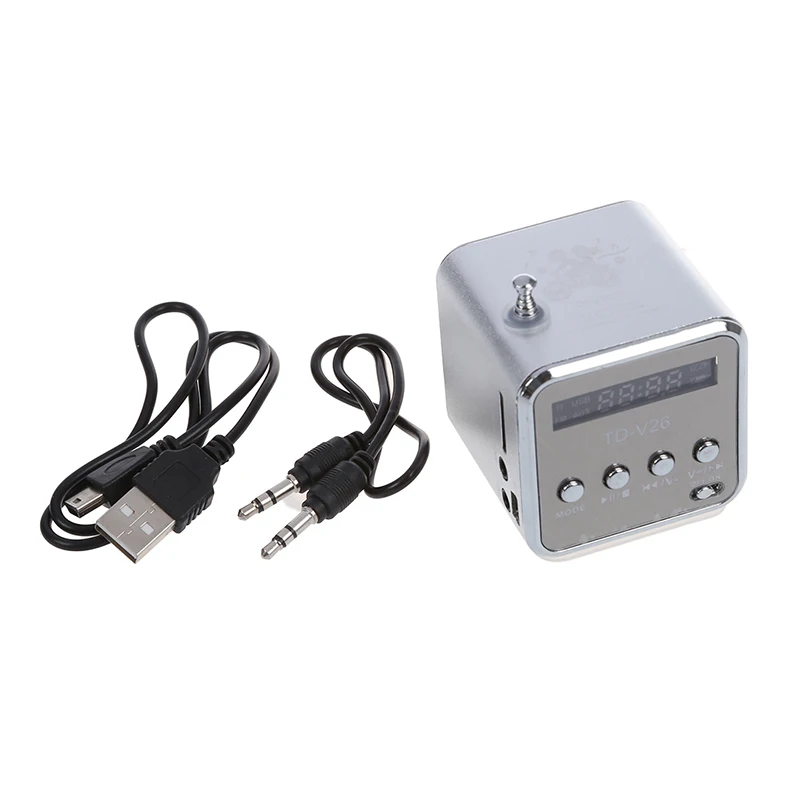 TD V26 портативный мини цифровой динамик с микро SD / TF USB /FM серебро 1 кабелем и аудио