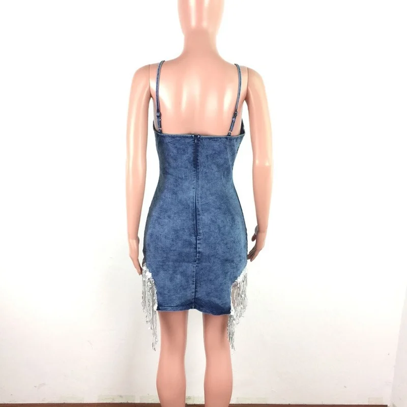 

Sexy Fringed Sequin Dress Fashion Strap Denim with Backpack Hip Mid-length Slim Plus Size Mini Dress Party Club High Streetwear