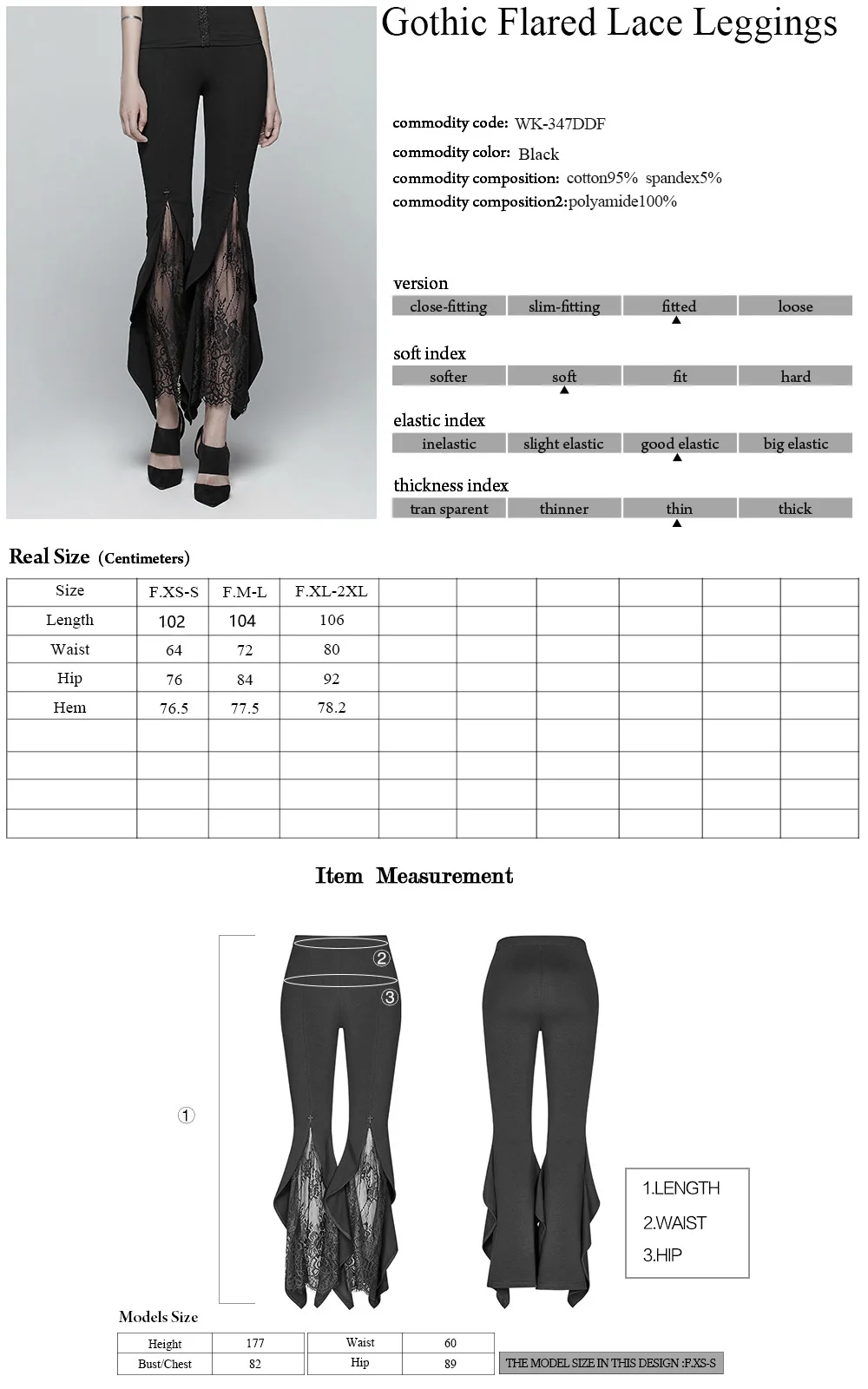 

PUNKRAVE Women's Gothic Flared Lace Leggings Stretch-knit Ruffled Edge Daily Casual Long Pants