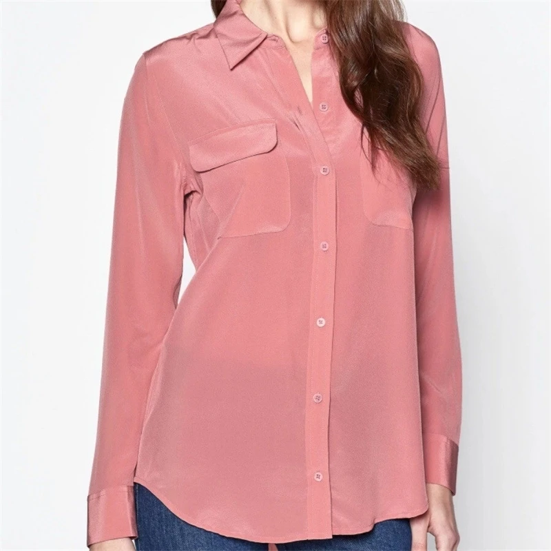 

100% Women Shirts Silk Long Sleeve Pockets Double Haut Femme Blouse Woman New