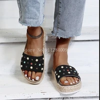 fashionable and versatile simple vamp rhinestones rivets embellishment trendy thick soled home womens shoes womens slippers