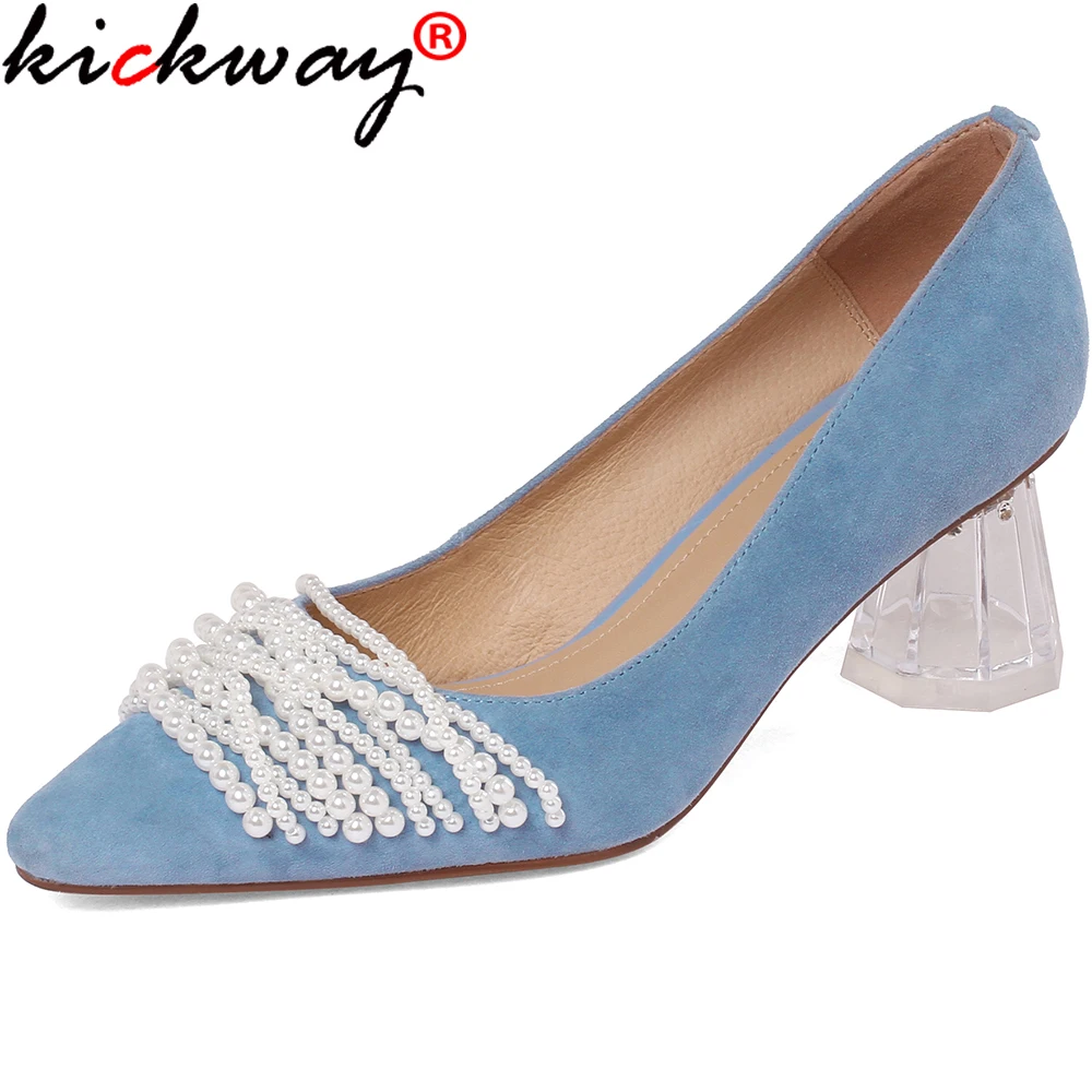 

Kickway Elegant Classic Women Suede Leather Pearl Decoration Clear High Heels Pumps For Women 2021 Spring Working Office Shoes
