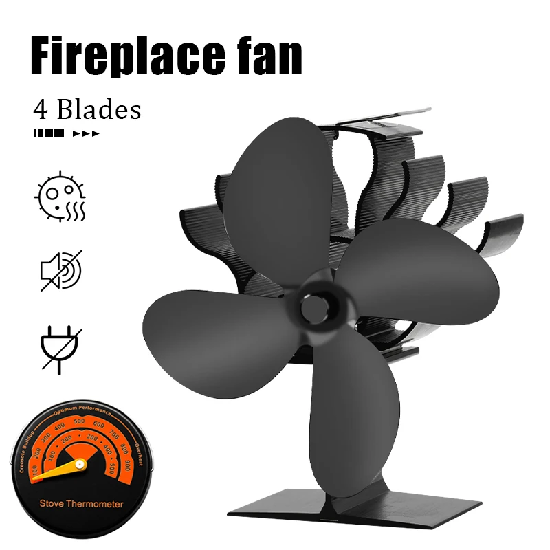 

Black Fireplace 4 Blades Heat Powered Stove Fan Log Wood Burner Ecofan Low Noise Home Fireplace Fan Efficient Heat Distribution