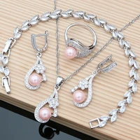 pink pearl beads silver color jewelry sets for women wedding earringspendantringszircon stone braceletnecklace set