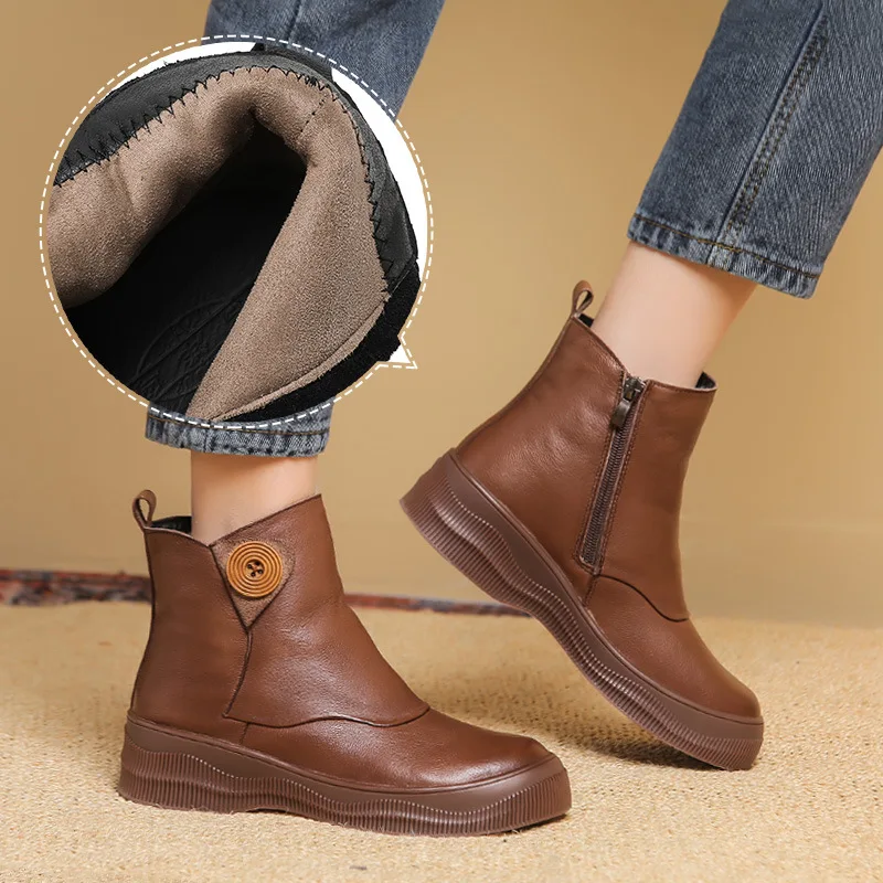 

Genuine Leather Ankle Boots Women Winter Warm Fur Shoes High Top Ankle Shoes 2021 New Female Warm Ankle Winter Snowboots