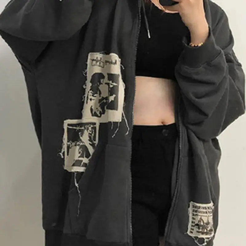

Women Hippie Coat High Street Print Strappy Zippers Lady Oversized Tops Fashion Full Sleeve Feminine Coat Autumn Winter 2021 New