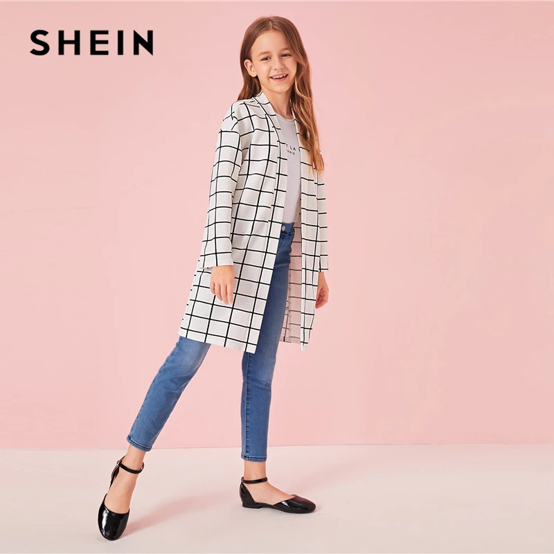 SHEIN Kiddie White Plaid Print Girls Open Front Long Coat Kids Clothes Autumn Long Sleeve Casual Coats For Children