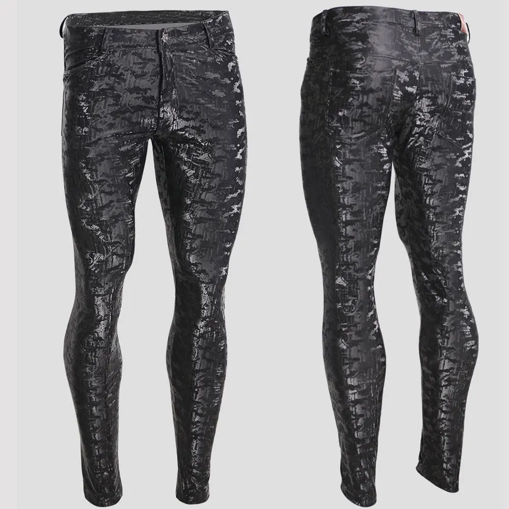 

Plus Size Men's Mid-Rise pile coating Pencil Pants Tight Pencil Trousers Black 3D High Elastic PU Camouflage Velvet Casual Pants