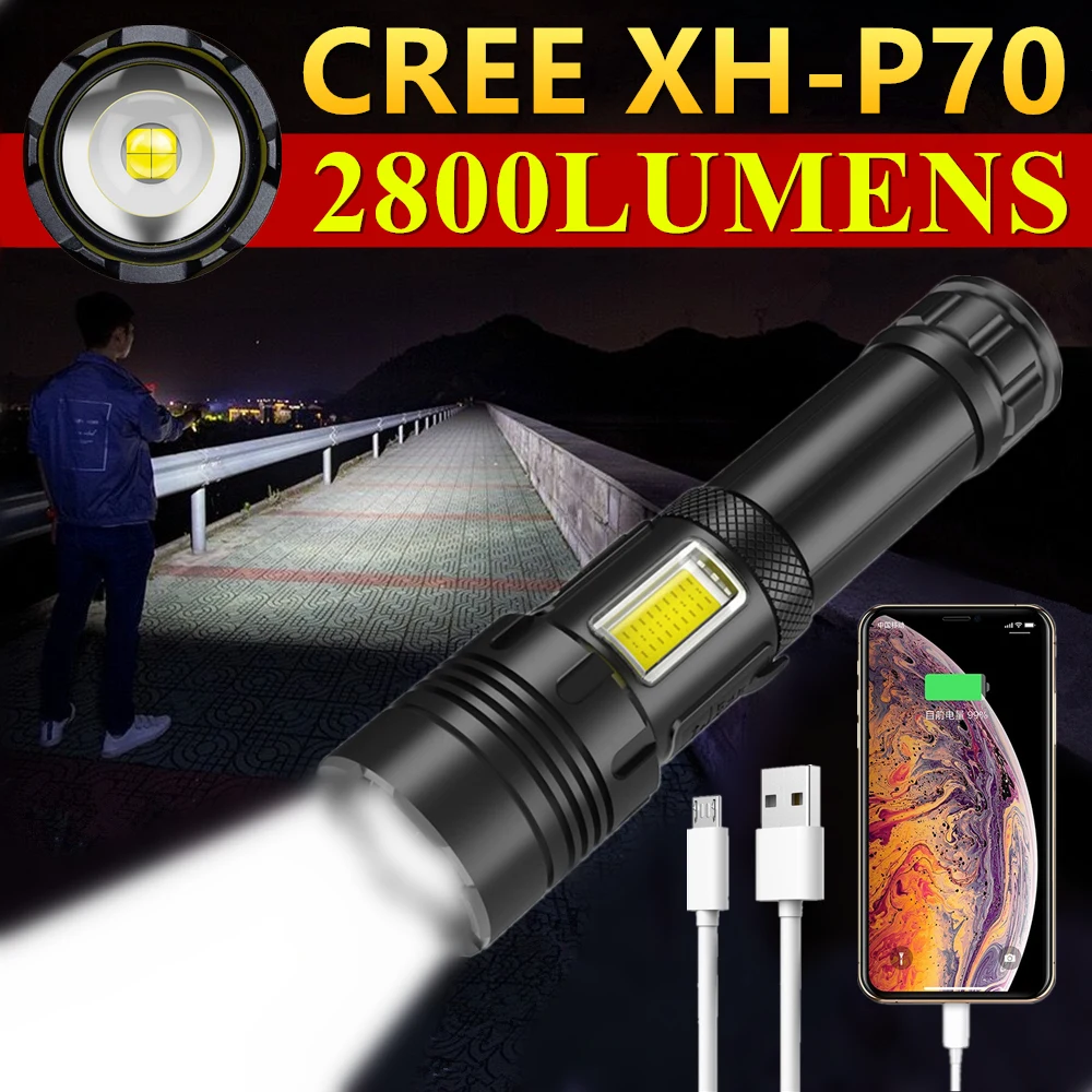 

CREE XHP70 Powerful LED Flashlight USB Recharge XHP160 Zoom Torch IPX6 Waterproof XHP90 Tactical Flash Lamp Light By 26650/18650