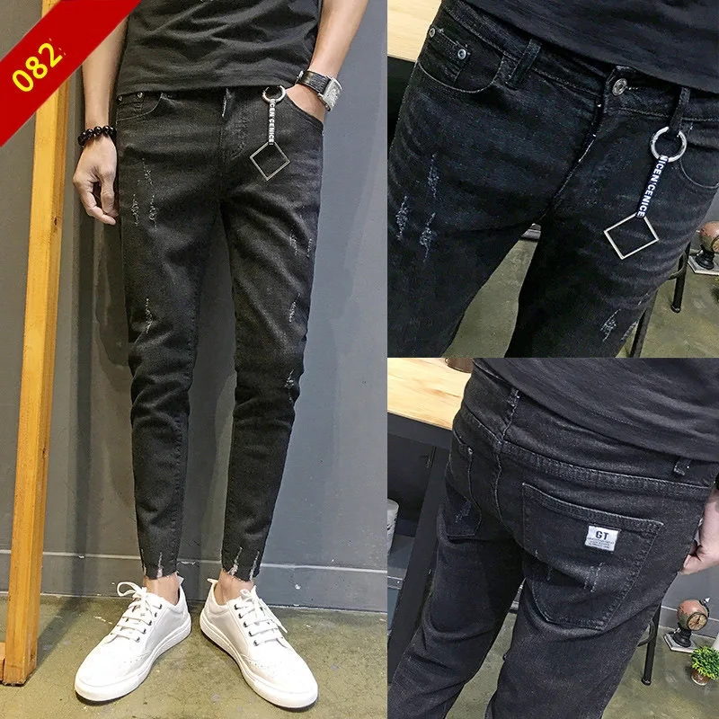 Wholesale 2021 Jeans male ripped hole spring autumn ankle length pants teenagers Korean Slim feet skinny jeans men pencil | Мужская