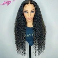lanqi wholesale long 30 inch kinky curly human hair wig pre plucked 4x4 lace wig peruvian lace front human hair wigs for women