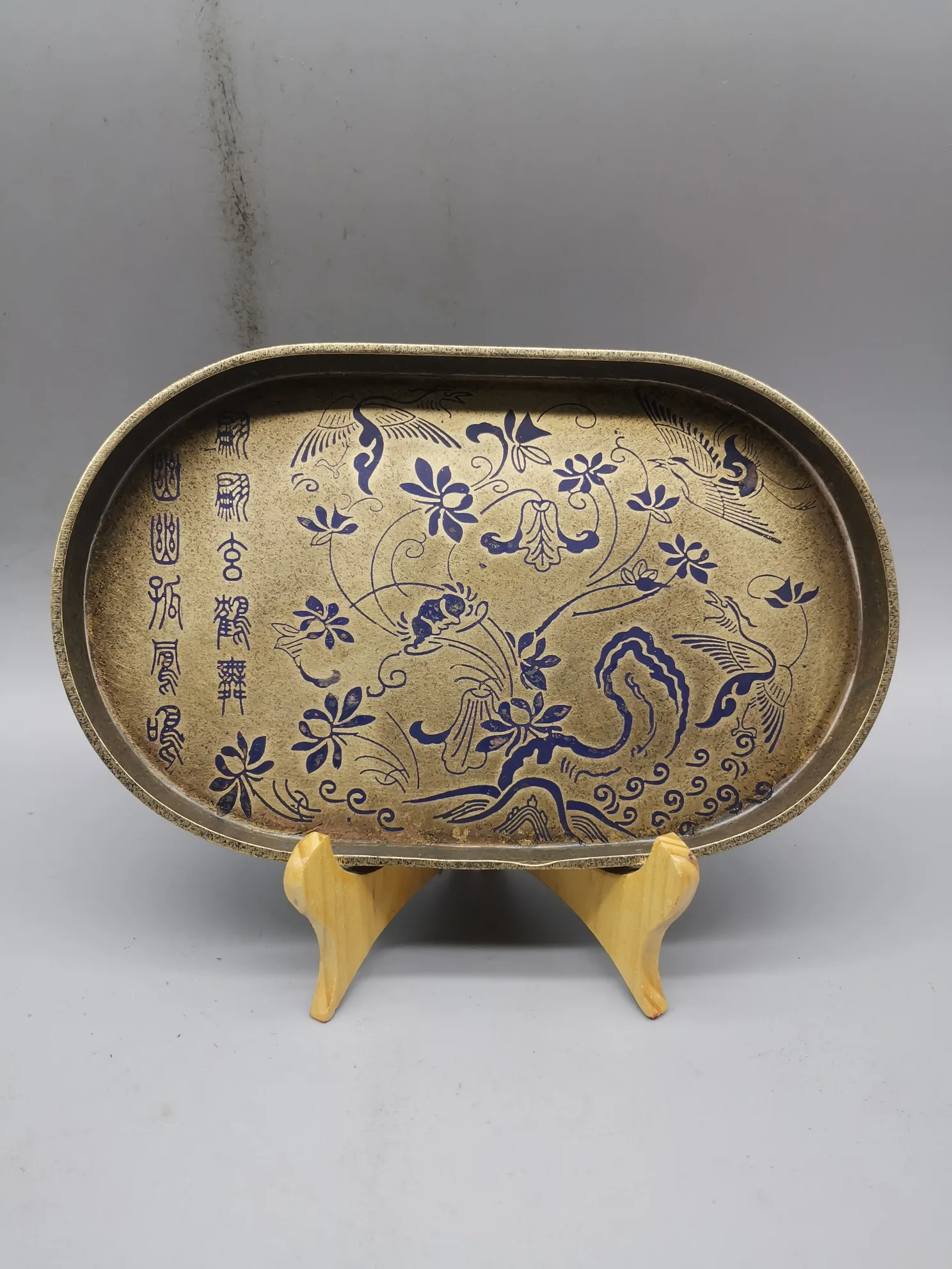 

8.58" Collect China Bronze Fengshui Flowers and Plants Red-crowned Crane Auspicious Cloud Longevity Teaboard Pallet Home Decor