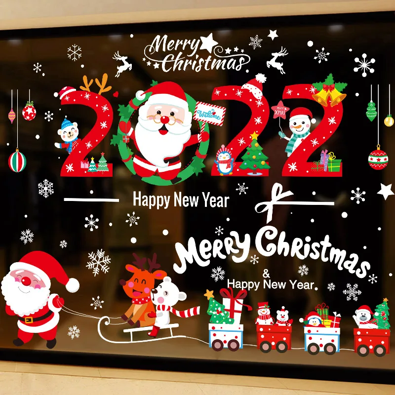 

[shijuekongjian] 2022 Chirstmas Glass Sticker DIY Santa Claus Trains Wall Decals for Living Room Window New Year Home Decoration