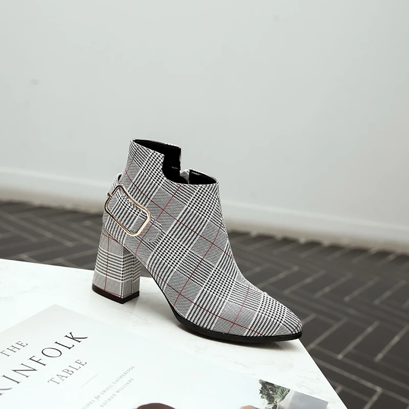 

2021 New Large Size Women Boots Fashion Plaid Pointed Toe High Heels Women's Shoes Sexy Autumn Winter Ankle Boots female