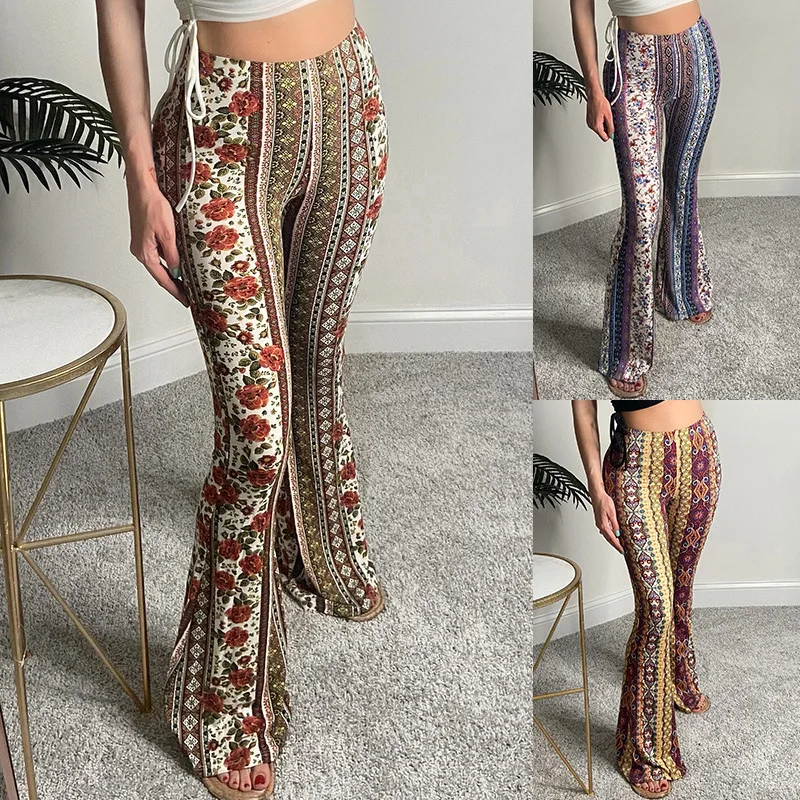 

New Trendy High Waist Slim Casual Street Hippie Women Boho Print Long Pants Flared Wide Legs Summer Bell Bottom Trousers S-XL