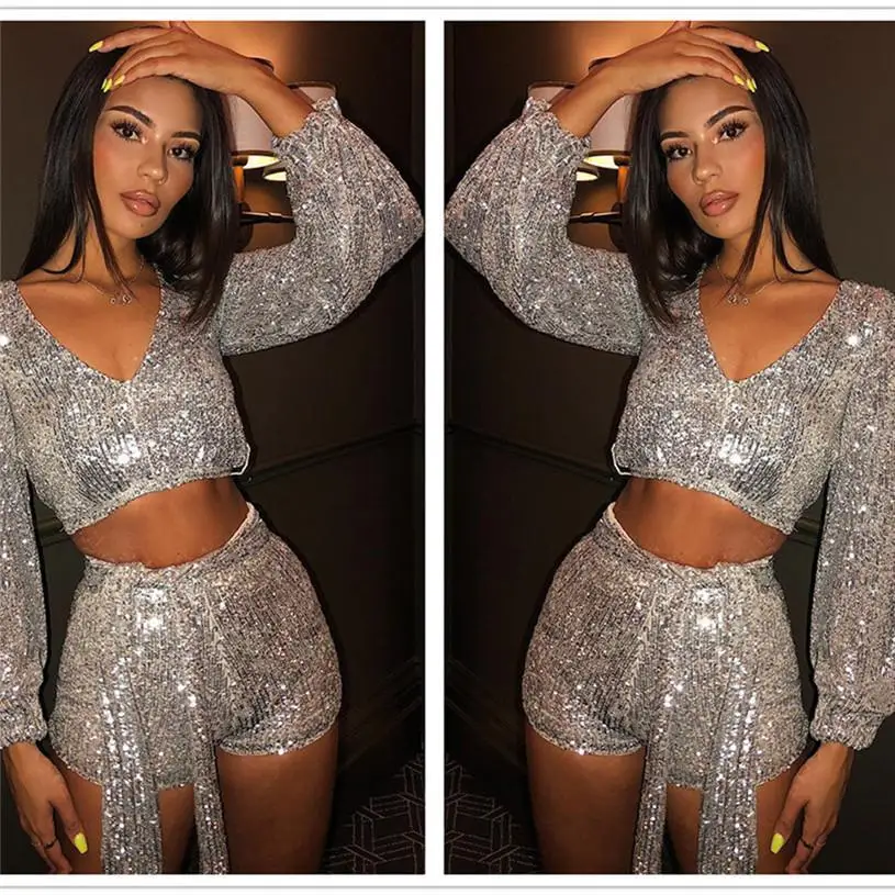 

Sexy Sequins Two Pieces Set long Sleeve short Top And pants Women Set V Neck Bow Club 2 Piece Set Women Outfits