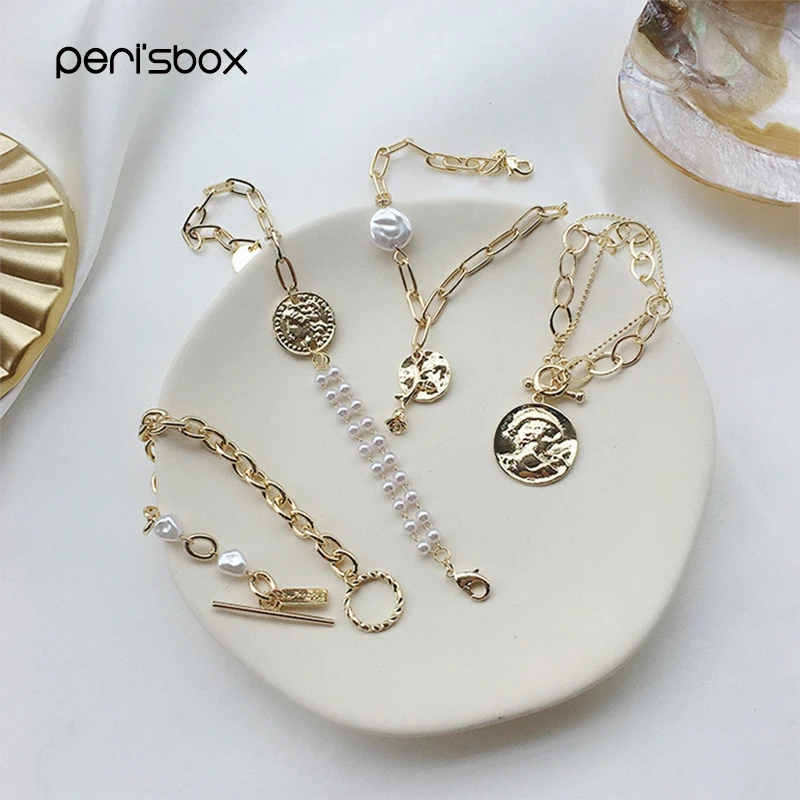 Peri'sbox 4 стиля Золотой браслет с застежкой розовый очаровательный с жемчугом браслеты Винтаж монета с портретом двойной браслет из Жемчужной цепи Femme