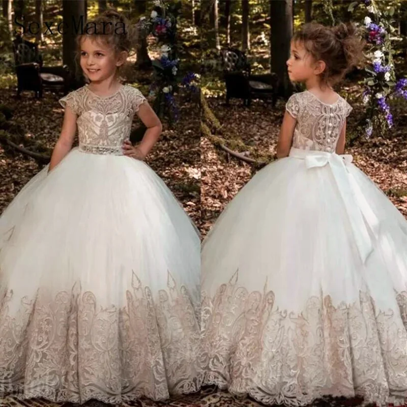 

New Flower Girl Dresses Beading Sash Ball Gowns Lace Appliques Floor Length Flower Girls Princess Elegant Wedding Pageant Dresse