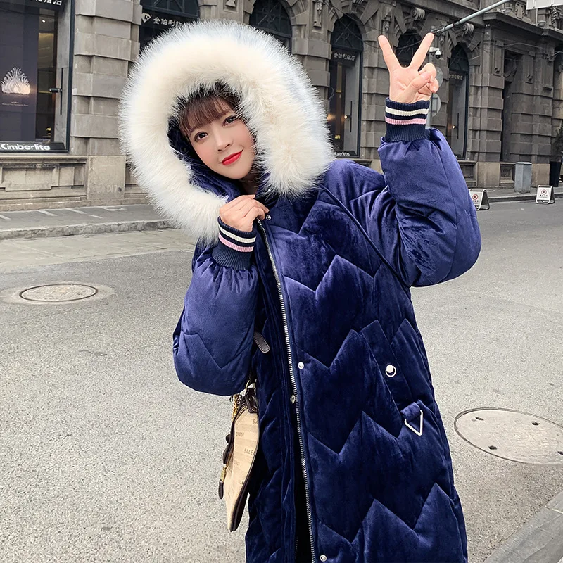 Женское зимнее пальто с воротником из искусственного лисьего меха бархатная