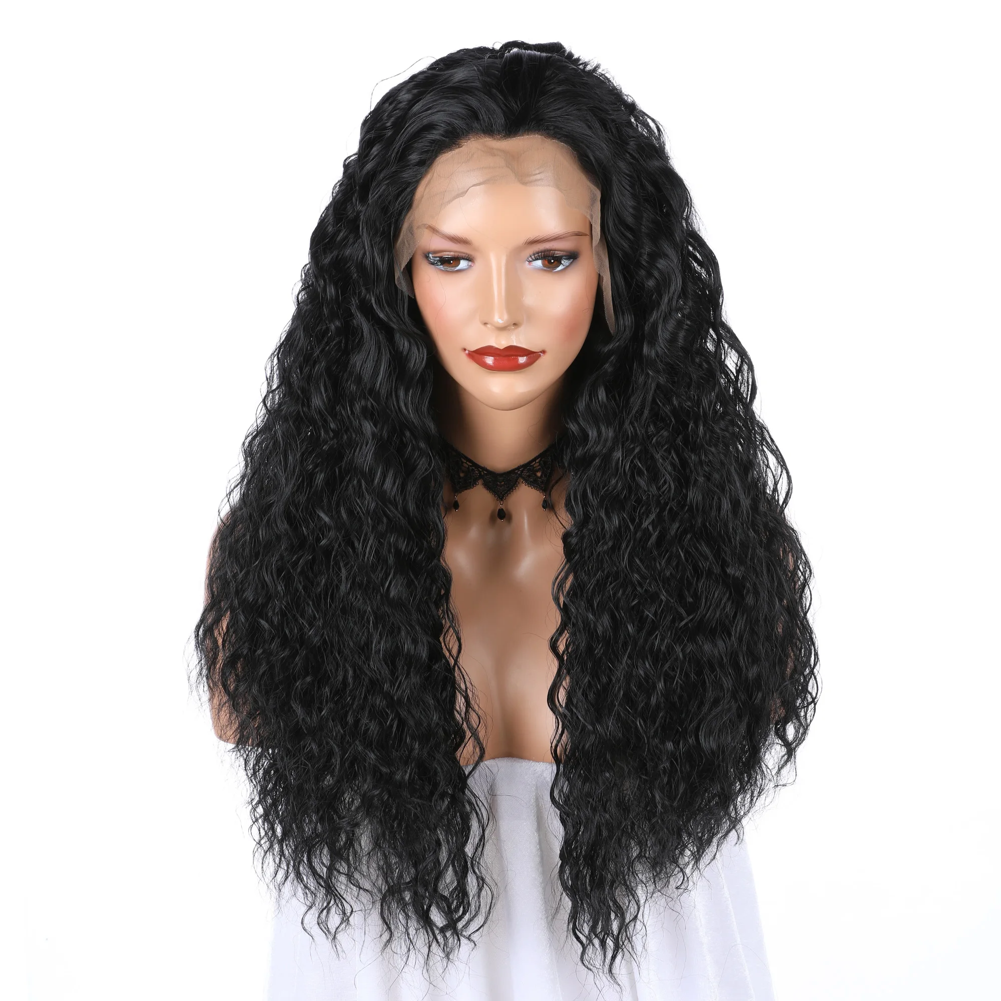 

Black Color Soft Kinky Curly Long Glueless Lace Front Wig High Temperature For Black Women With Baby Hair 180%Density 26Inch