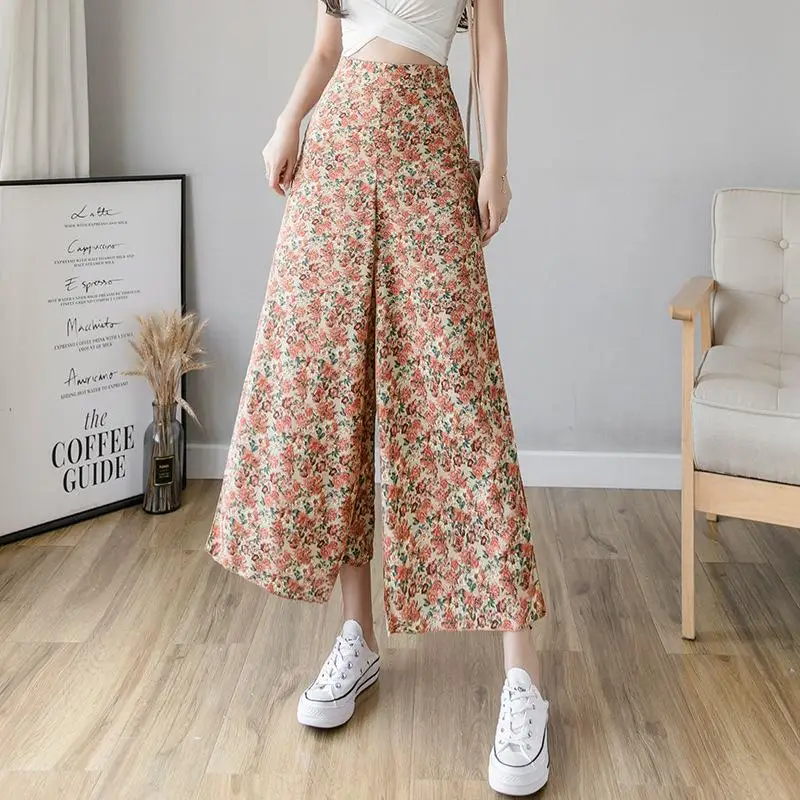 

ICHOIX Floral print Women's Culottes Pants Summer Trouser High Waist Palazzo Pants Elegant Korean Style Chiffon Wide Leg Pants