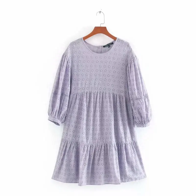 Женское ажурное платье мини с круглым вырезом однотонное фиолетовое