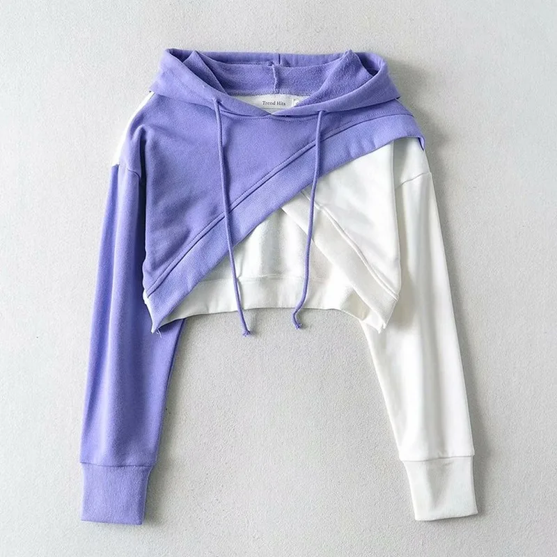 

2021 Women Street Style Irregular Stitching Purple Hooded Pullover Woman Fall New Contrast Color Cropped Top Female Korean Tops