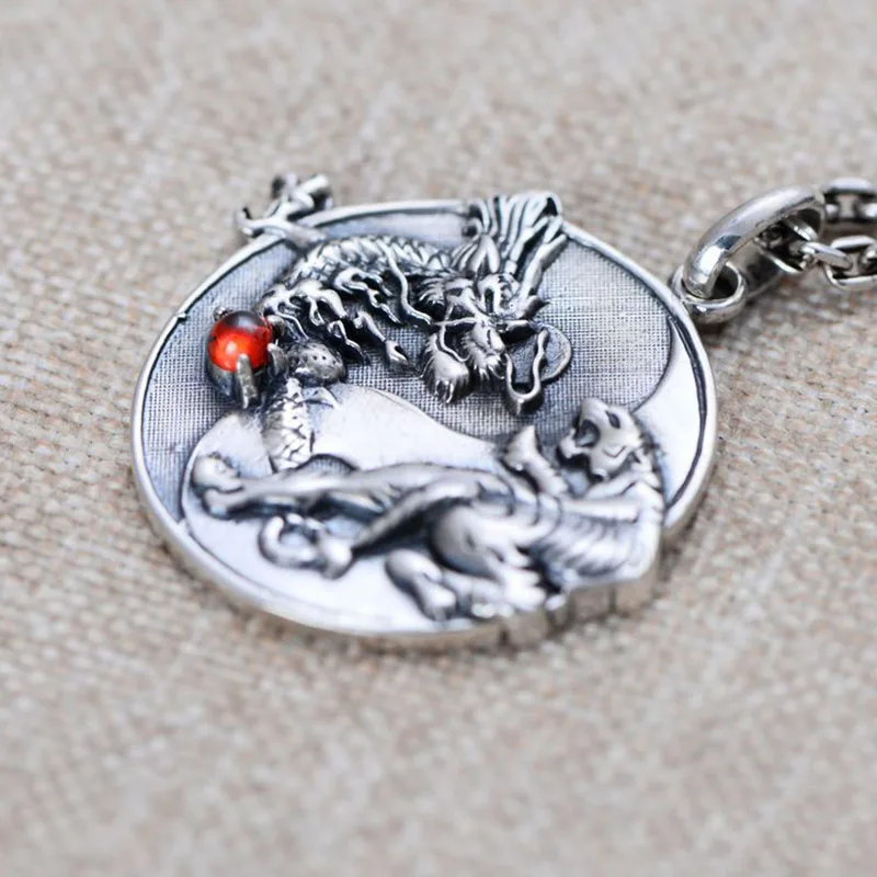 S925 Silver Handmade Dragon Tiger Pendant Necklace 925 Sterling Fengshui Taichi Yinyang Pendant Necklace Good Luck Amulet