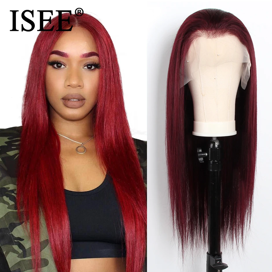 ISEE волосы индийские 99j прямая шнуровка парики 180% плотность кружева передние