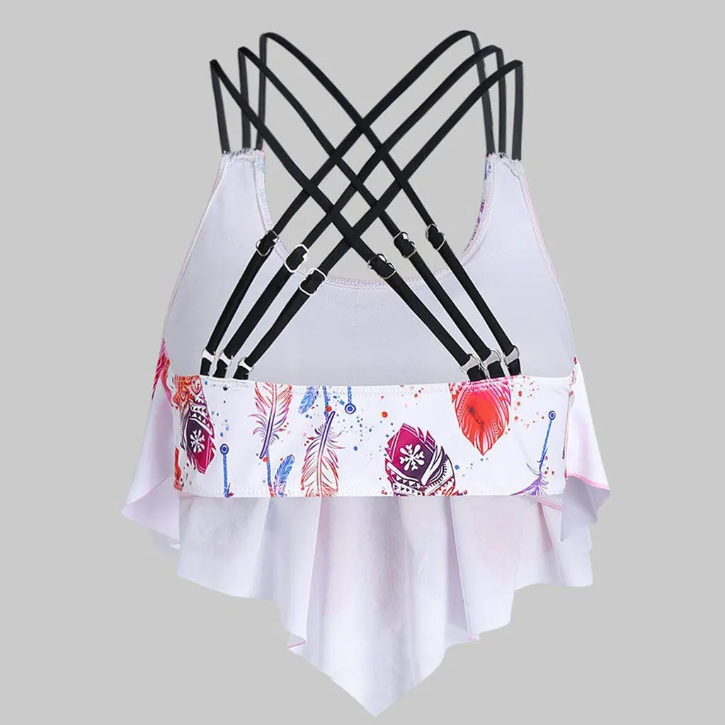 

Cross Strap Swimsuit Top Feather Print Ruffles Backless Summer Beach Bathing Suit Summer Vintage Swim Wear Maillot De Bain Femme