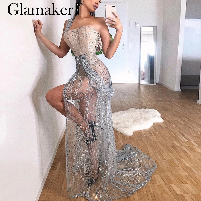 Glamaker прозрачное высокое пикантное платье с разрезом для женщин, с блестками, Осеннее Элегантное макси платье, вечерние, Клубные, с открытой спиной, длинное, облегающее, ночное платье