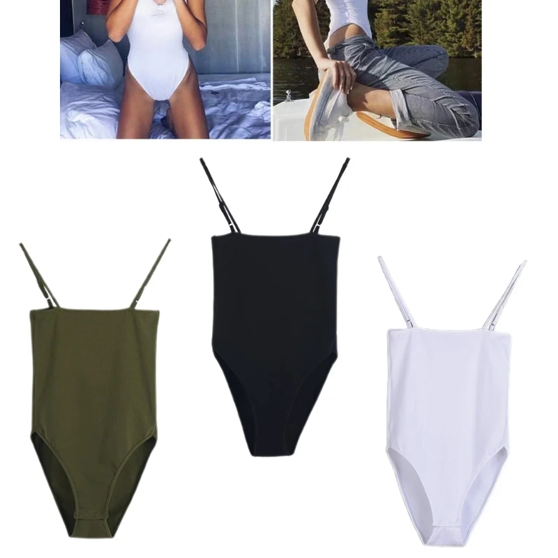 

Women Sexy Spaghetti Strap Camisole Bodysuit Off Shoulder Sleeveless Basic Leotard Simple Solid Color Bodycon Jumpsuit