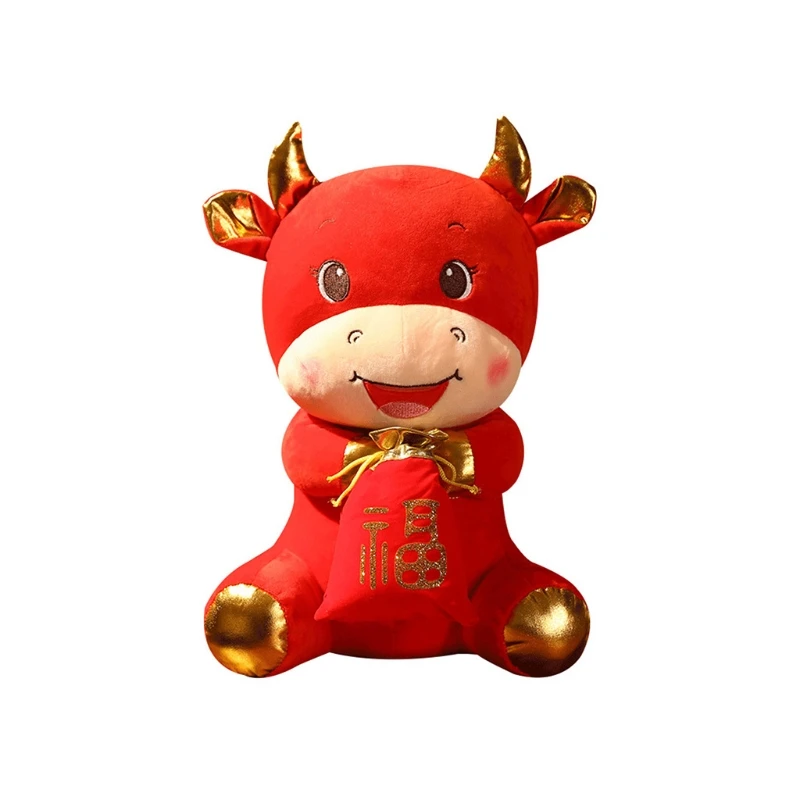 

Funny Chinese Zodiac Ox Cattle Plush Toys Red Milk Cow Mascot Stuffed Doll For C J2HD