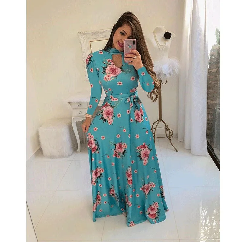 2019 new European and American fashion digital printing flowers big swing long sleeve women's clothing | Женская одежда