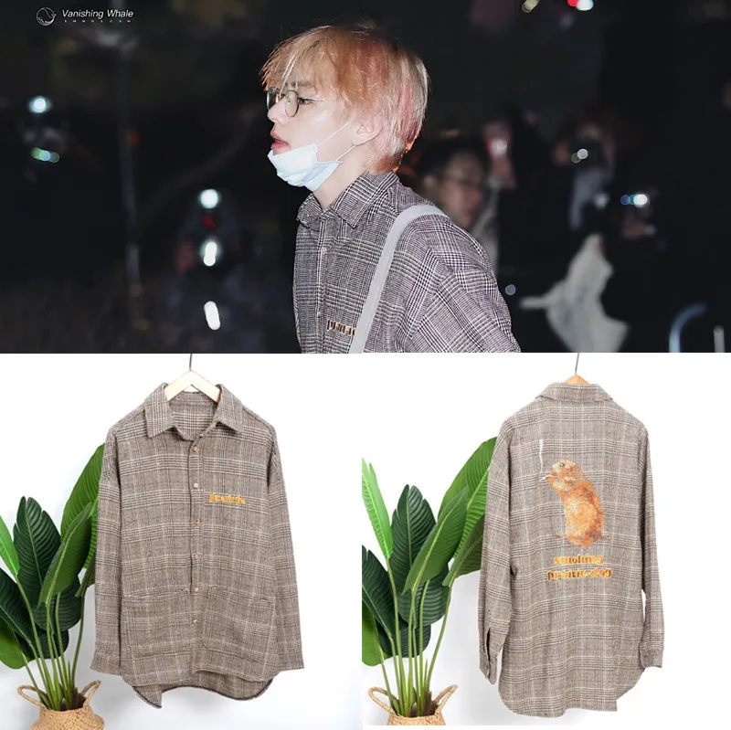 Kpop Bangtan boys V The same clothes plaid shirt squirrel long sleeve coat men women autumn winter k-pop jin suga hoodie | Женская
