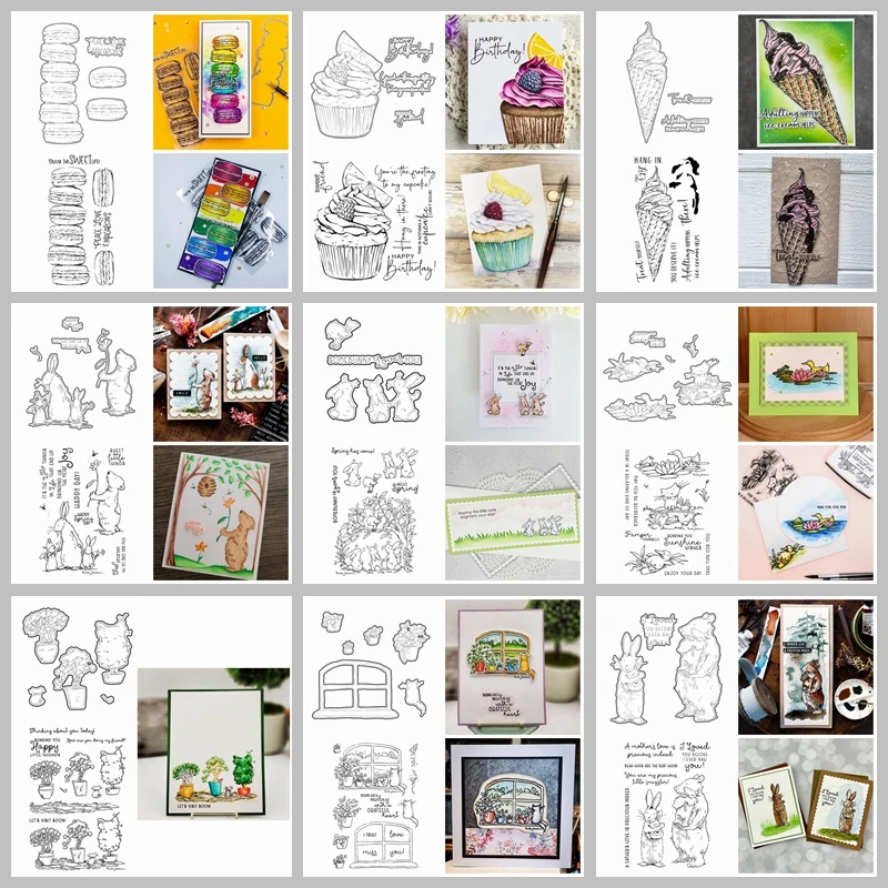 

Dies and Coordinating Stamps Sweet Macaron Cupcake Ice-cream Bunnies Robin Kitten Duck Pond Windowsill Happy Easter Day 2021