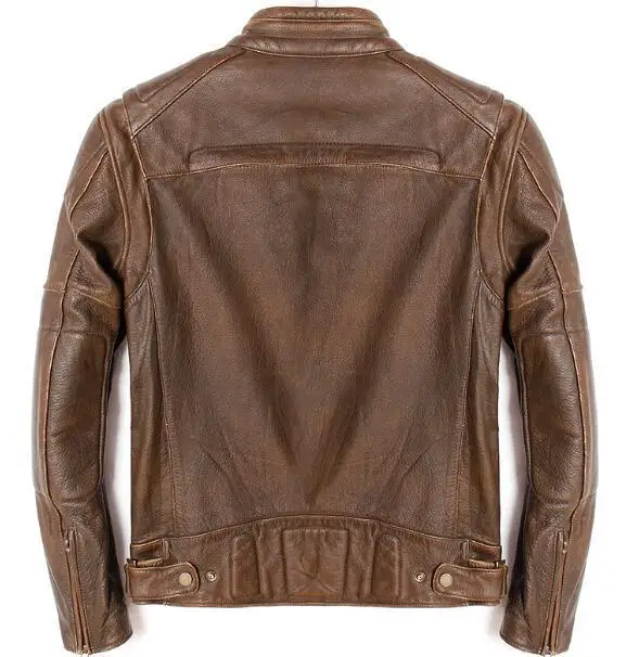 

Winter Cow Genuine Mens Motorcycle Stand Collar Vintage Classic Zipper Real Leather Coat Slim Brown Biker Jacket