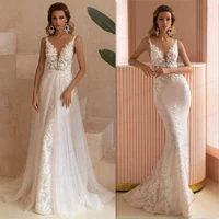 sexy mermaid wedding dresses 2021 lace appliques v neck backless vestido de novia detachable sweep train tulle robe de mari%c3%a9e