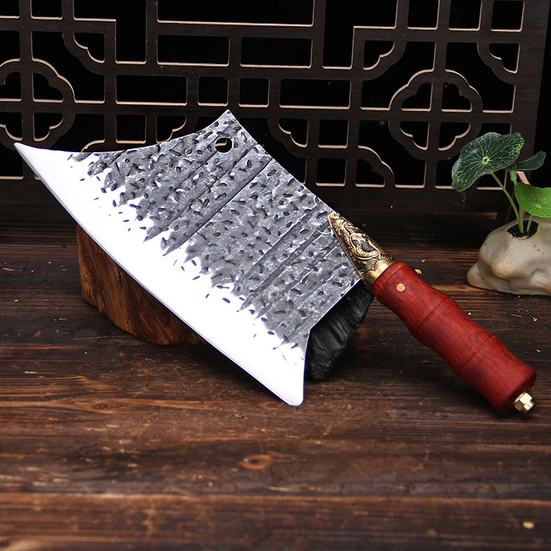 

Big Longquan Knife Fixed Blade 9 Inch Handmade Forged 7Cr17MoV Steel Kitchen Knife Sharp Slicing Knives Copper Decor Wood Handle