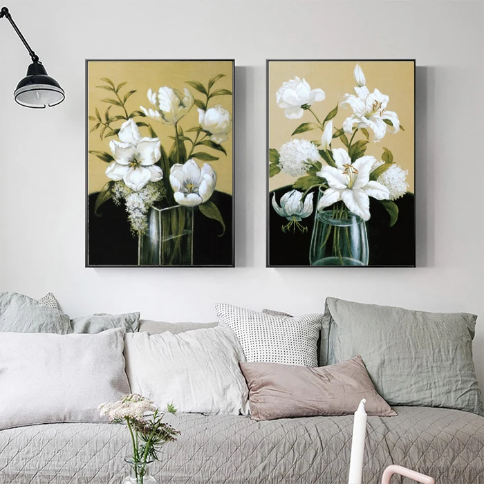 

Nordic Style Botanical Painting Green and White Flowers Canvas Poster Nordic Decoration Home Living Room Decoration Frameless