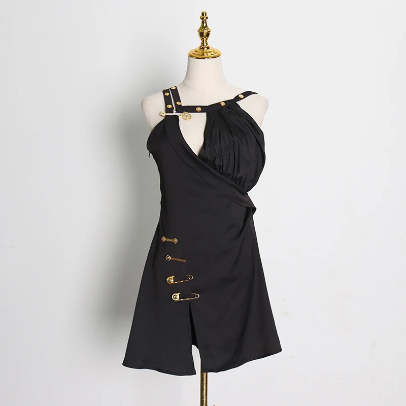 

A Line Dresses For Women Asymmetrical Collar Sleeveless Patchwork Pin Black Dress Female Spring Fashion Clothes New