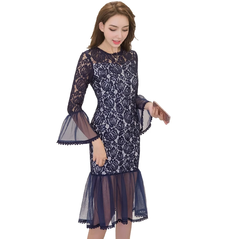 

COIGARSAM Patchwork Women dress New Spring Full Sleeve Lace Mesh Long Dresses Gray Blue 9619