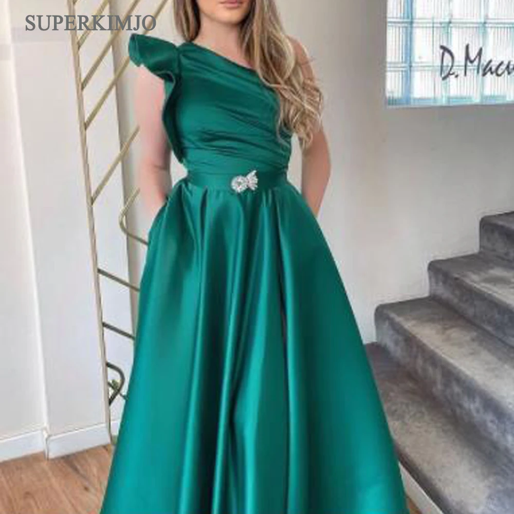 

SuperKimJo Suknie Wieczorowe Green Prom Dresses 2021 Simple Satin One Shoulder A-Line Cheap Prom Gown 2022 Vestidos de Fiesta